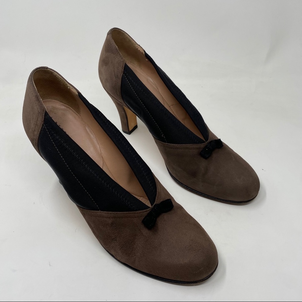 Anyi Lu Cookie Suede Heels Pumps Brown Black Bow 38 Size 8 - Picture 11 of 11